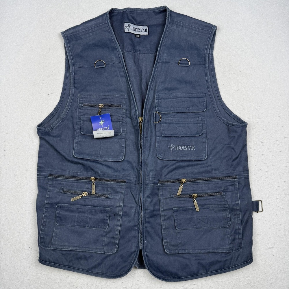 Lodestar Vest Mens 2XL Blue Canvas Utility Multi Pocket Full Zip Outdoor Fishing